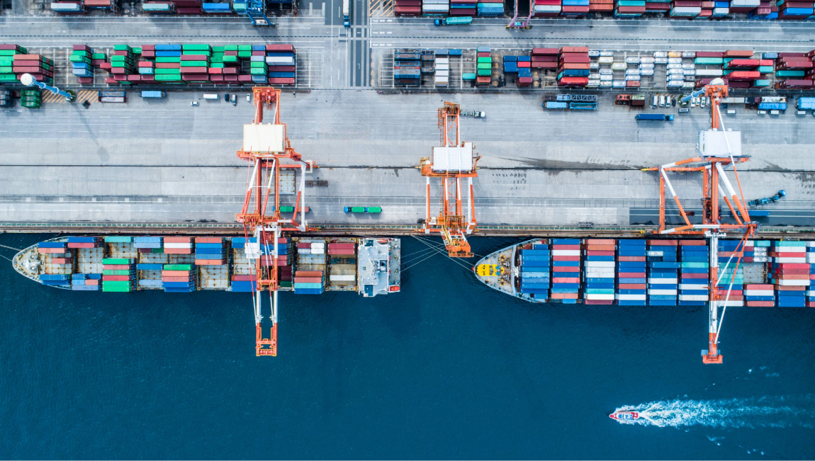 Aerial view of ships loading freight at dock