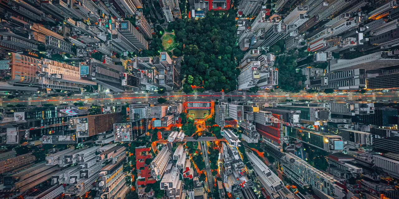 Aerial view of city skyscrapers and roofs