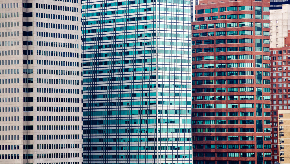 Close-up of buildings in Manhattan's financial district
