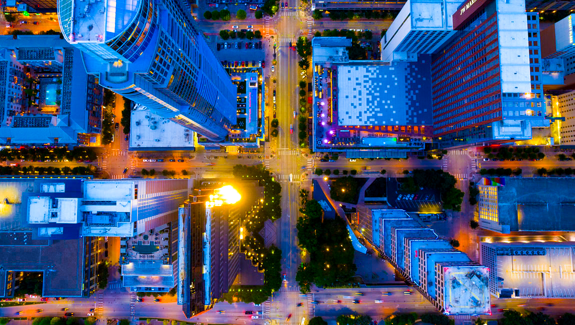Aerial view of cityscape at night